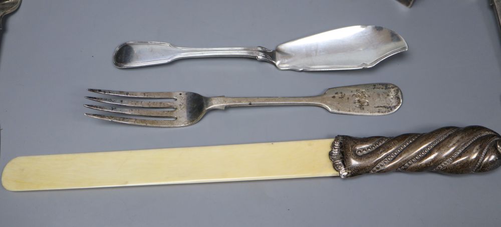 A silver-mounted ivory page turner and a miscellaneous silver items, approx 13oz (weighable)